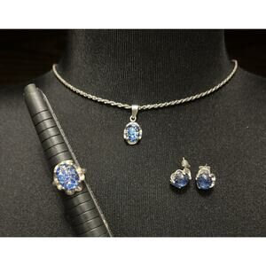 Artisan Jewelry Set Dichroic Glass & Sterling Silver 925 Necklace Ring Earrings